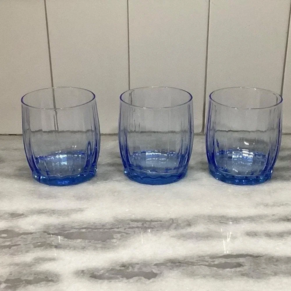 Oneida Valor Blue Juice‎ Glasses, Set of 3, Vintage Pasabahce Ribbed Tumblers